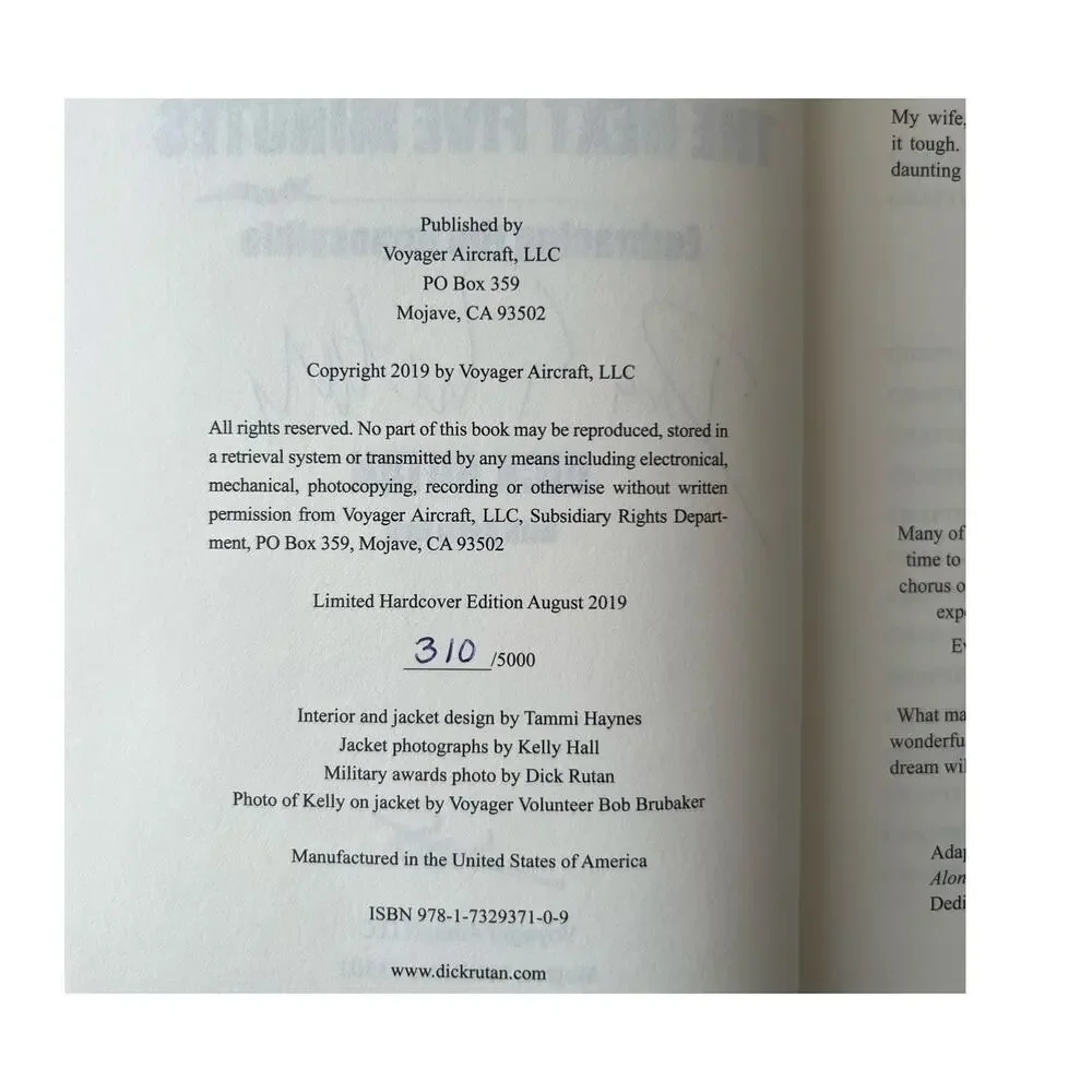 The Next Five Minutes Embracing the Impossible Dick Rutan SIGNED & Numbered HC